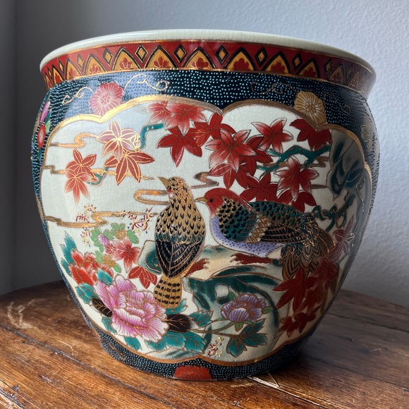 Vintage Chinoiserie Large Porcelain Koi Fish Planter Bowl Cachepot - Picture 6 of 12